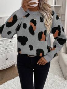 SHEIN LUNE Jersey casual de cuello redondo de manga larga con detalle de estampado de leopardo para mujer