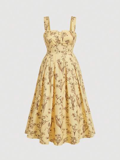 SHEIN MOD Plus Size Women Retro Floral Print Pleated Elegant Cami Dress, For Summer,Beach Dress Sundress,Holiday Outfits Boho