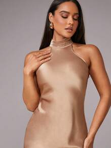 Silquee Gaun Panjang Satin Emas Champagne Elegan untuk Wanita, Desain Belahan Punggung Terbuka untuk Musim Panas, Cocok untuk Makan Malam, Pesta Koktail, Pernikahan, Pengiring Pengantin, dan Pakaian Malam Formal. - Khaki - View 4