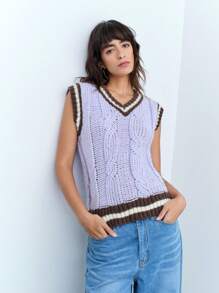 Maija Women's V-Neck Contrast Color Textured Pullover Vest, Warm For Autumn/Winter - Mauve Purple - View 3