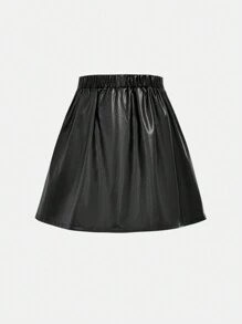 青少年女孩百搭简约日常甜美酷炫 PU 纯色褶皱迷你裙