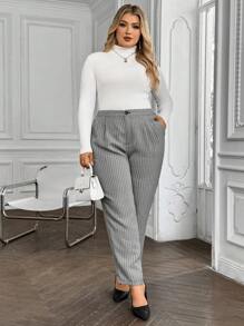 SHEIN Clasi Plus Size Women Pocket Pleated Casual Tweed Cone Pants
