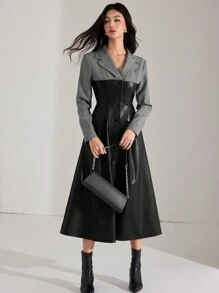 Heiryn 拼色撞色材质领口 PU 皮革长裙，优雅通勤韩版风格 - 黑色 - 查看 4