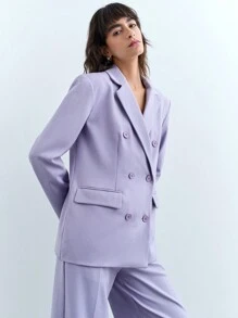 SHEIN X JIMENA & MATEO Maija Conjunto de blazer holgado de manga larga y pantalones rectos elegante para mujer, con detalles de bolsillos, hombreras acolchadas y doble botonadura en color morado, adecuado para fiestas elegantes navideñas y festivales