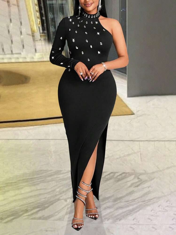 SHEIN Slayr New Year's/Valentine's Party Elegant Black Formal Gown With High Slit, Rhinestones, Spandex Patchwork Design - Black - View 3