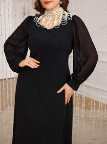 Modelyn Elegant Modest Muslim Arabic Women Plus Size Black Knit Pearl Necklace Bodycon Dress Long Evening Dresses Fall Cloth For Women - Black - View 4