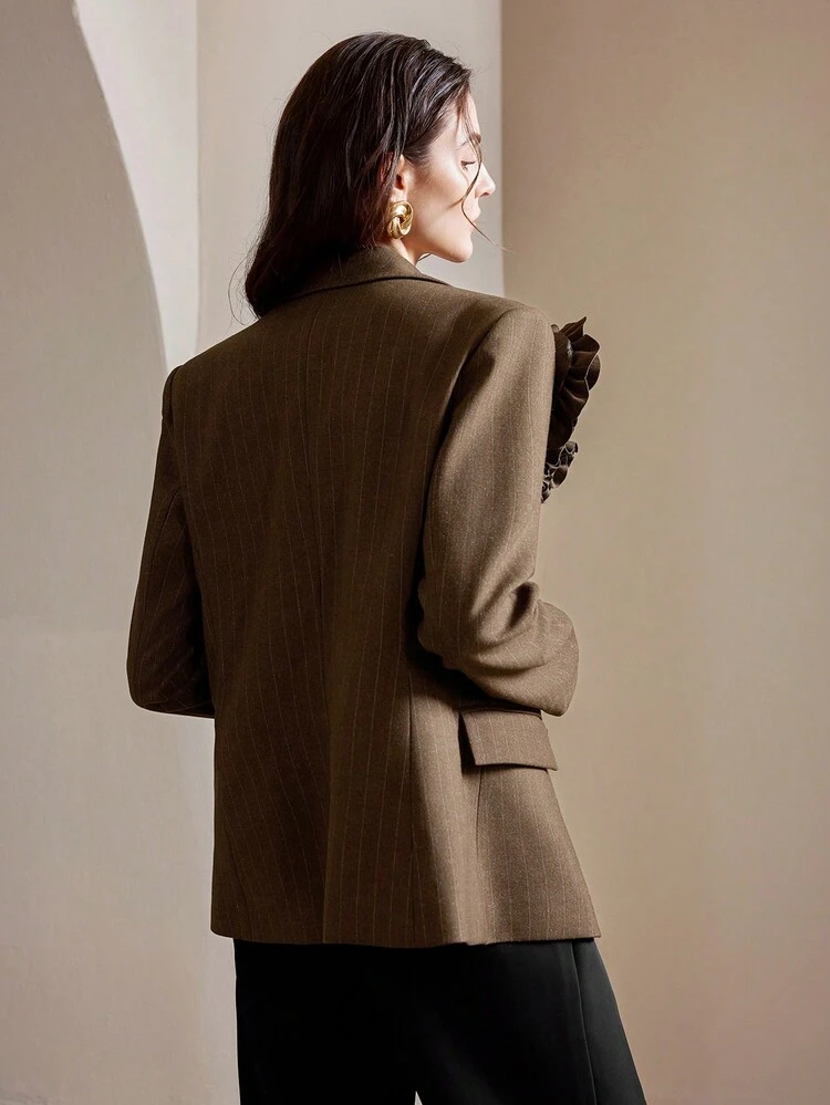 Veste blazer élégante et polyvalente à rayures kaki, manches longues, avec fleurs 3D ornementées