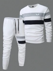 Manfinity Homme Men's Sophisticated Casual Classic Blue And White Striped Color-Block Round Neck Thermal Lined Pullover Sweatshirt And Pants Set ,Men Two Pieces Outfits ,Men Tracksuit, Fall Clothes Winter