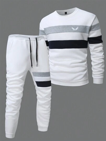 Manfinity Homme Men's Sophisticated Casual Classic Blue And White Striped Color-Block Round Neck Thermal Lined Pullover Sweatshirt And Pants Set ,Men Two Pieces Outfits ,Men Tracksuit, Fall Clothes Winter