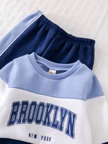 Cozy Pixies 2 pièces Ensemble de sweat-shirt col rond en tricot doux avec imprimé lettre bicolore et pantalon de jogging pour bébé garçon