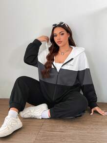 SHEIN EZwear Bộ 2 món/Bộ đồ thể thao thường ngày in khẩu hiệu màu tương phản cỡ lớn, áo khoác nỉ + quần dài, bộ đồ thể thao, mùa thu/đông - Xám - Xem 5