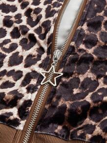 ROMWE J-Fashion 2pcs Y2K Gyaru Velvet Leopard Print Rhinestone Decor Sweatshirt & Pants Women Set, Autumn/Winter - Brown - View 8