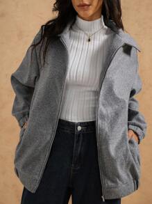 TrendSteals 女式纯色长袖拉链休闲宽松夹克，秋冬 - 灰色 - 查看 4
