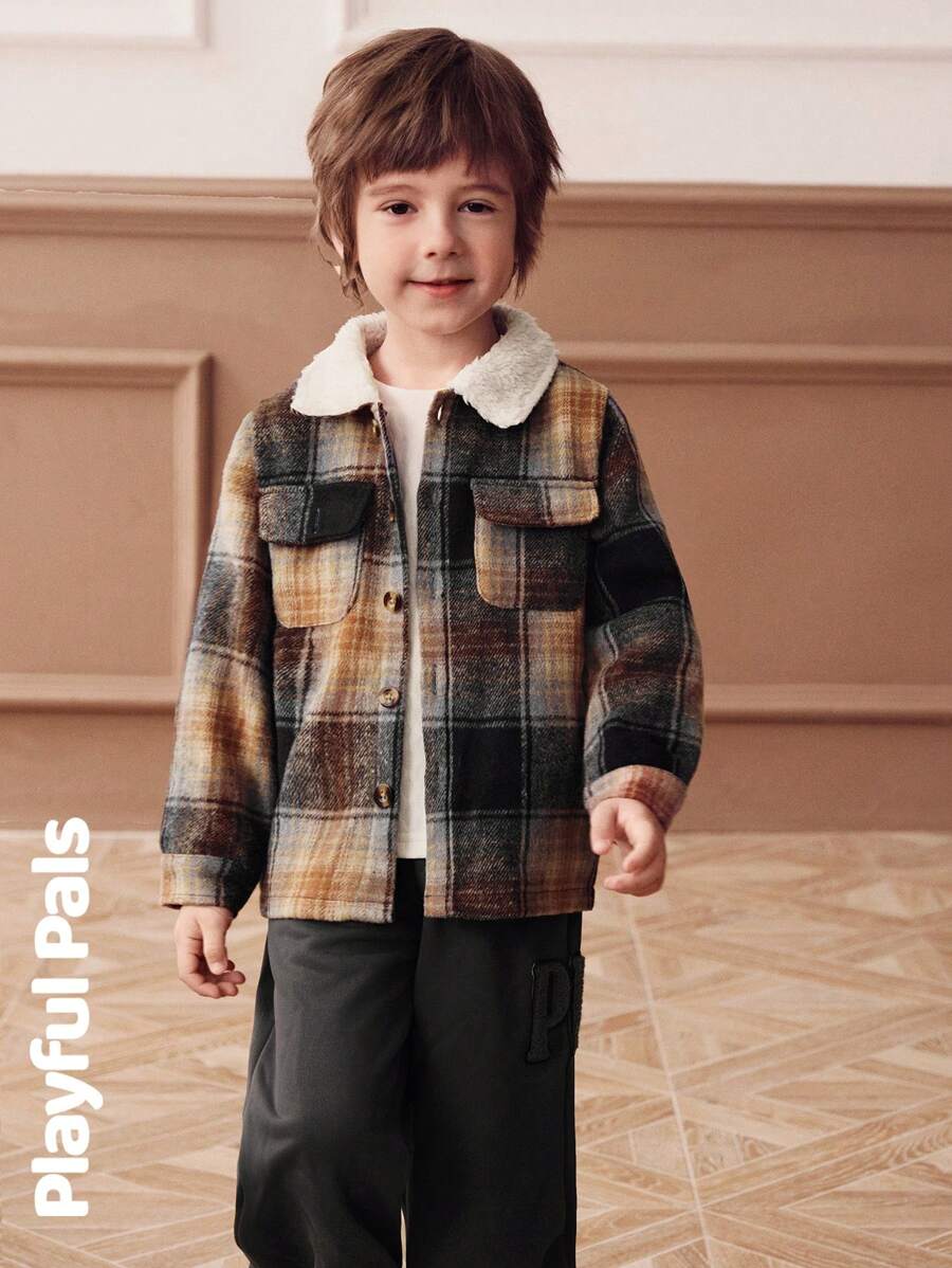 SHEIN 2 Pcs Young Boys Sets Plaid Splicing Fleece Collar Jacket & Sweatpants Cute/Retro/Casual/Home/Outdoor Winter/Fall Outfits - Multicolor - View 1