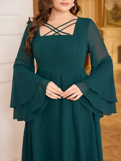 Modelyn Plus Size New Square Neck Cross Design Flare Sleeve Waist Cinched Dress Maxi Women Outfit Long Evening Dresses Fall Cloth For Women
