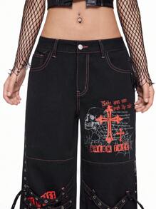 ROMWE Grunge Punk Women's PUNK Style Skeleton, Spider Web, Cross Print Patchwork Eyelet Belted Denim Jeans - Black - View 3