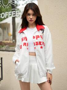 SHEIN Explorewe Teen Girls' Casual Collegiate Striped Letter Graphic Colorblock Jacket - Multicolor - View 6