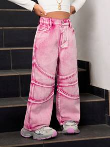 SHEIN Explorewe Young Girl New Fashionable Patchwork Design Faded Red Straight Leg Jeans - Hot Pink - View 4