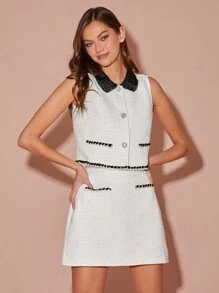 Enchnt Spring/Winter Romantic Women's White&Black Contrast Color Exquisite Faux Pearl Button Decor Sleeveless Vest Jacket And Skirt Tweed Set,Sweet&Elegant Two Pieces Outfit For Valentine's Day&Christmas Party&New Years&Birthday&Holiday &Sweet Date Night&Daily Commuting - White - View 6