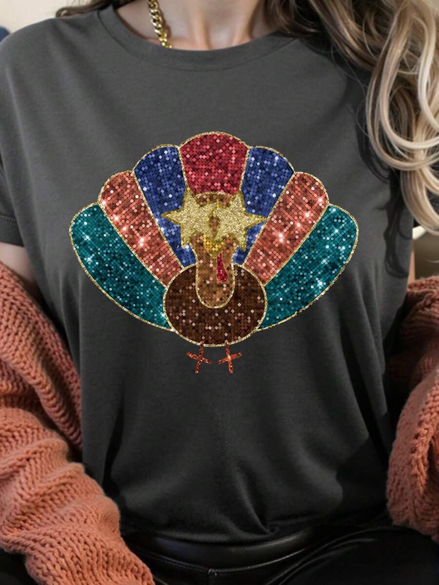 INAWLY Áo thun tay ngắn cổ tròn họa tiết gà tây đính sequin ngày lễ tạ ơn, áo thun thường ngày cho nữ, áo thun họa tiết cho nữ - Xám - Xem 1