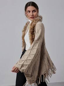 SHEIN Privé Women's Casual Patchwork Fluffy Batwing Sleeve Cardigan, Autumn/Winter - Coffee Brown - View 6