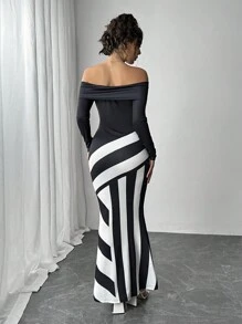 Chiquease 女士优雅露肩条纹不对称拼接长袖连衣裙超长款女装