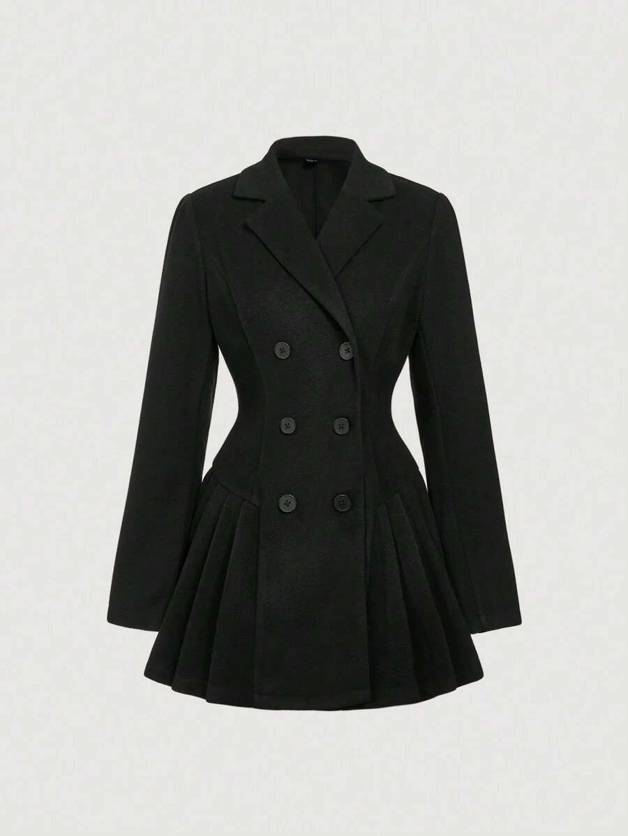 SHEIN MOD 女士纯色前扣长袖缺口翻领休闲西装外套，商务休闲女装，冬季女装外套，优雅女士，新年女装，西装连衣裙 - 黑色 - 查看 1