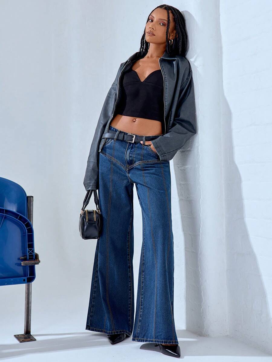 MUSERA 缝线细节阔腿低腰牛仔裤，90年代Y2K街头风春季款 - 藍色 - 查看 1