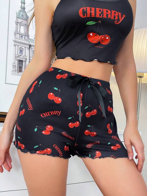 Short de pyjama à cordon de serrage à la taille imprimé cerise pour femme