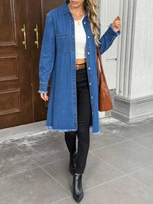 Women's Mid-Length Fringed Denim Jacket, Spring & Autumn - Dark Wash - View 5