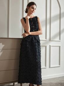 Chiquease 女士复古露肩无袖长款收腰夹克和宽松西装裤套装 - 黑色 - 查看 4