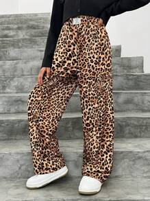 Tween Girl Loose Straight Pants, Chic Leopard Print Design - Brown - View 5