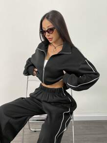 INAWLY Damska jesienna bluza z długimi rękawami i obniżonymi ramionami, zapinana na suwak i luźne spodnie, 2 sztuki - Czarne - Zobacz 1