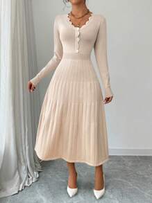 Elenzga 女式纯色前纽扣长袖荷叶边休闲毛衣连衣裙