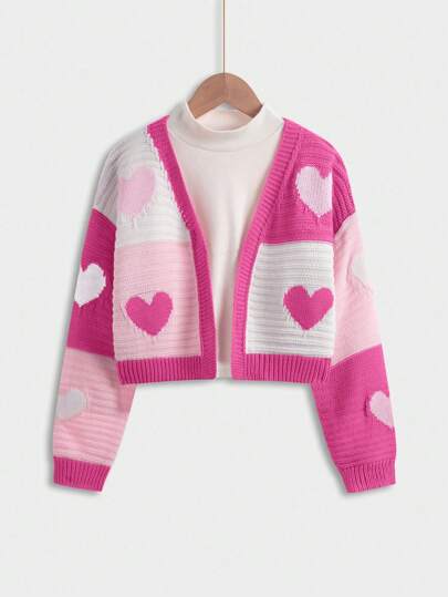 Sparklyn Top de manga larga con panel de contraste de unicolor y diseño de corazón para niña preadolescente