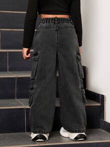 SHEIN Explorewe 年轻女孩复古风格实用工装口袋休闲舒适百搭宽松牛仔裤