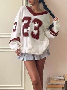 SHEIN EZwear 情人节 V 领黑白心形印花套头衫，简约时尚女士休闲日常穿着，秋冬季上学上衣 - 杏色 - 查看 3