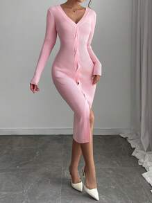 Chiquease Đầm len dệt kim dài tay cổ chữ V ôm sát thanh lịch dành cho nữ - Màu Hồng baby - Xem 3