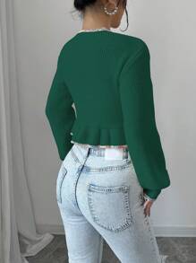 Elenzga 女款拼布花卉下摆开衫，秋冬款 - 墨綠色 - 查看 2