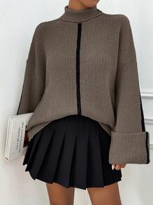 Uhlyne Women Drop Shoulder Contrast Color Folded Cuff High Neck Pullover Sweater, Autumn/Winter Knit Pullover Fall - Camel - View 5