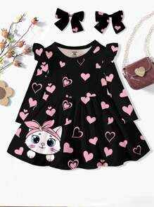 甜美猫咪和心形印花，年轻女孩可爱蝴蝶结卡通印花时尚长袖连衣裙，适合秋冬季 - 彩色 - 查看 1