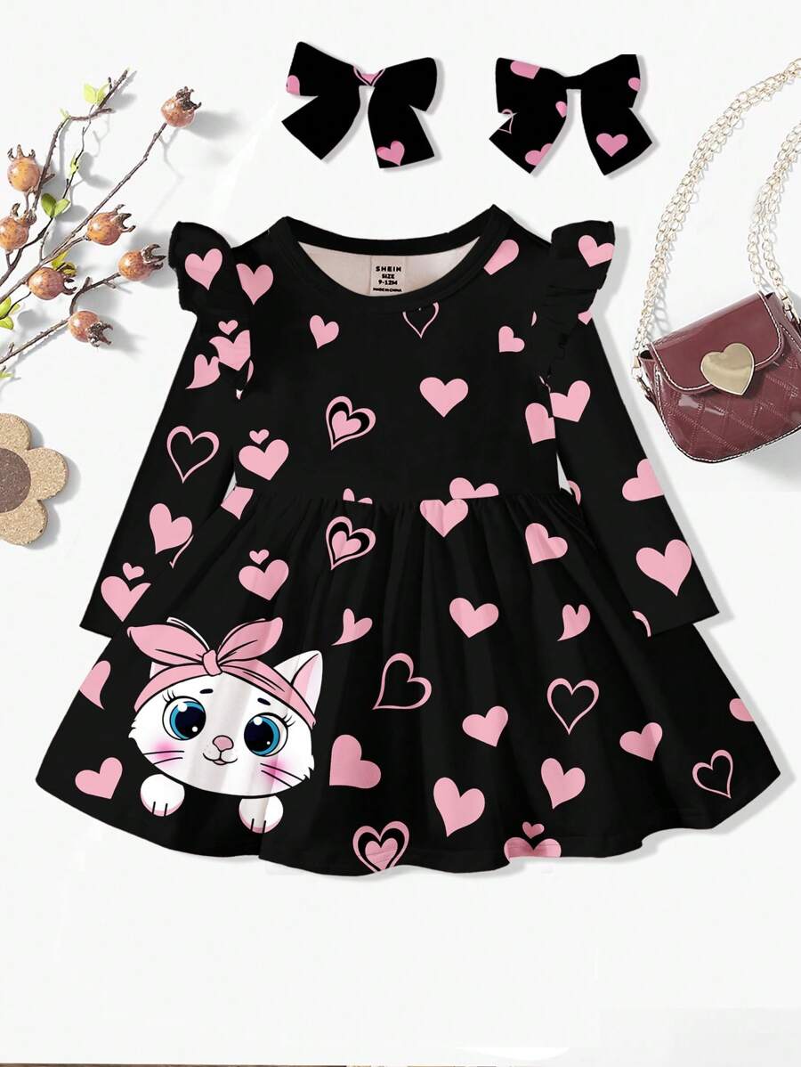 甜美猫咪和心形印花，年轻女孩可爱蝴蝶结卡通印花时尚长袖连衣裙，适合秋冬季 - 彩色 - 查看 1