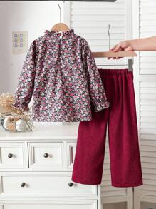Souflis Souflis Set de 2 piezas con Top informal con estampado floral en toda la prenda y pantalones largos para niña