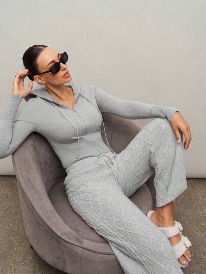 Activina Women's Gray Casual Front Tie Knitted Sweatpants For Daily Wear Lounge Set Women