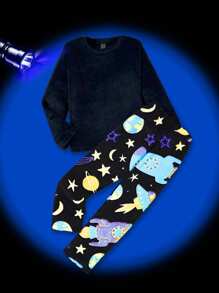 2pcs/Set Tween Boy Minimalist Flannel Long Pants And Long Sleeve Casual Comfortable Sleepwear - Multicolor - View 4