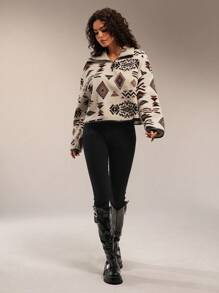 Forever 21 Women Geometric Pattern Drop Shoulder Long Sleeve Fleece Jacket, Autumn - Apricot - View 4