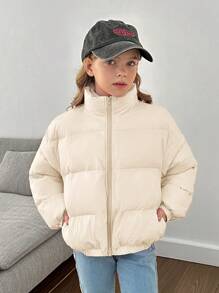 SHEIN Tween 女童纯色立领厚款宽松休闲短款棉服外套 - 米色 - 查看 3