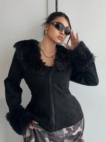 Flirla Plus Size Fashionable Jacket, Suitable For Autumn/Winter Back To School, Daily Wear, Campus Style, Fashionable, Casual, V-Neck Design Slightly Sexy, Charming - Black - View 1