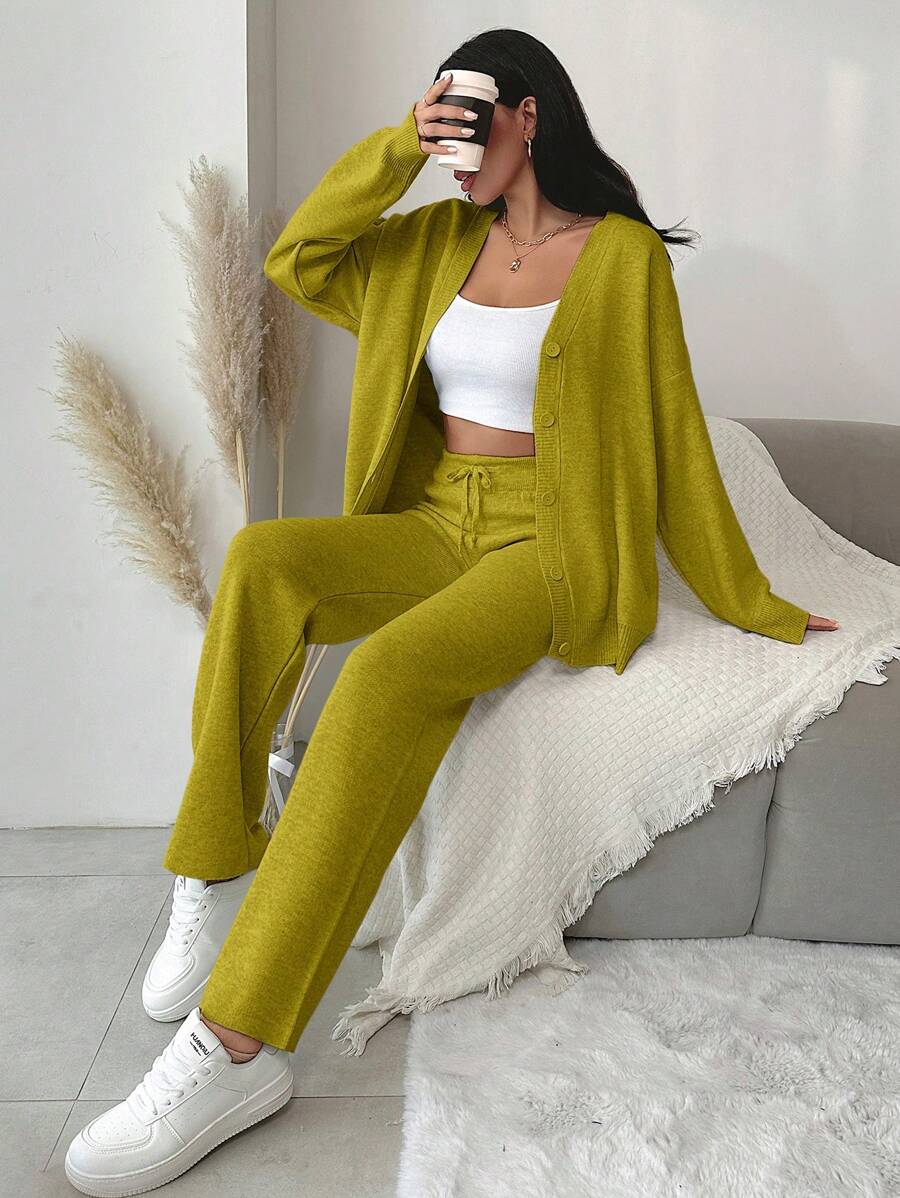 EURMUSE 2pcs Women Solid Color Front Button Long Sleeve Top And Knotted Pants Casual Knit Suit - Olive Green - View 1