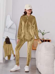 2pcs Set : Teens Girls Street Fashion Casual Party Velvet Top & Long Pants Outfit